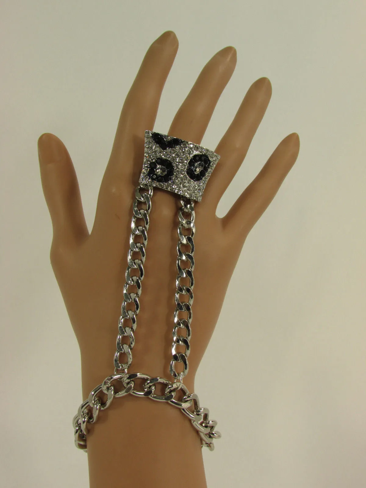 Gold Metal Chains Hand Chain Bracelet Bling Big Leopard Rhinestones