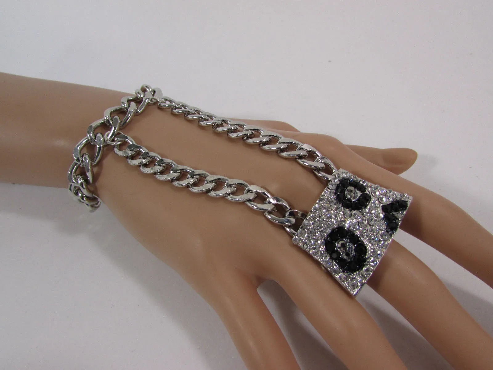 Gold Metal Chains Hand Chain Bracelet Bling Big Leopard Rhinestones