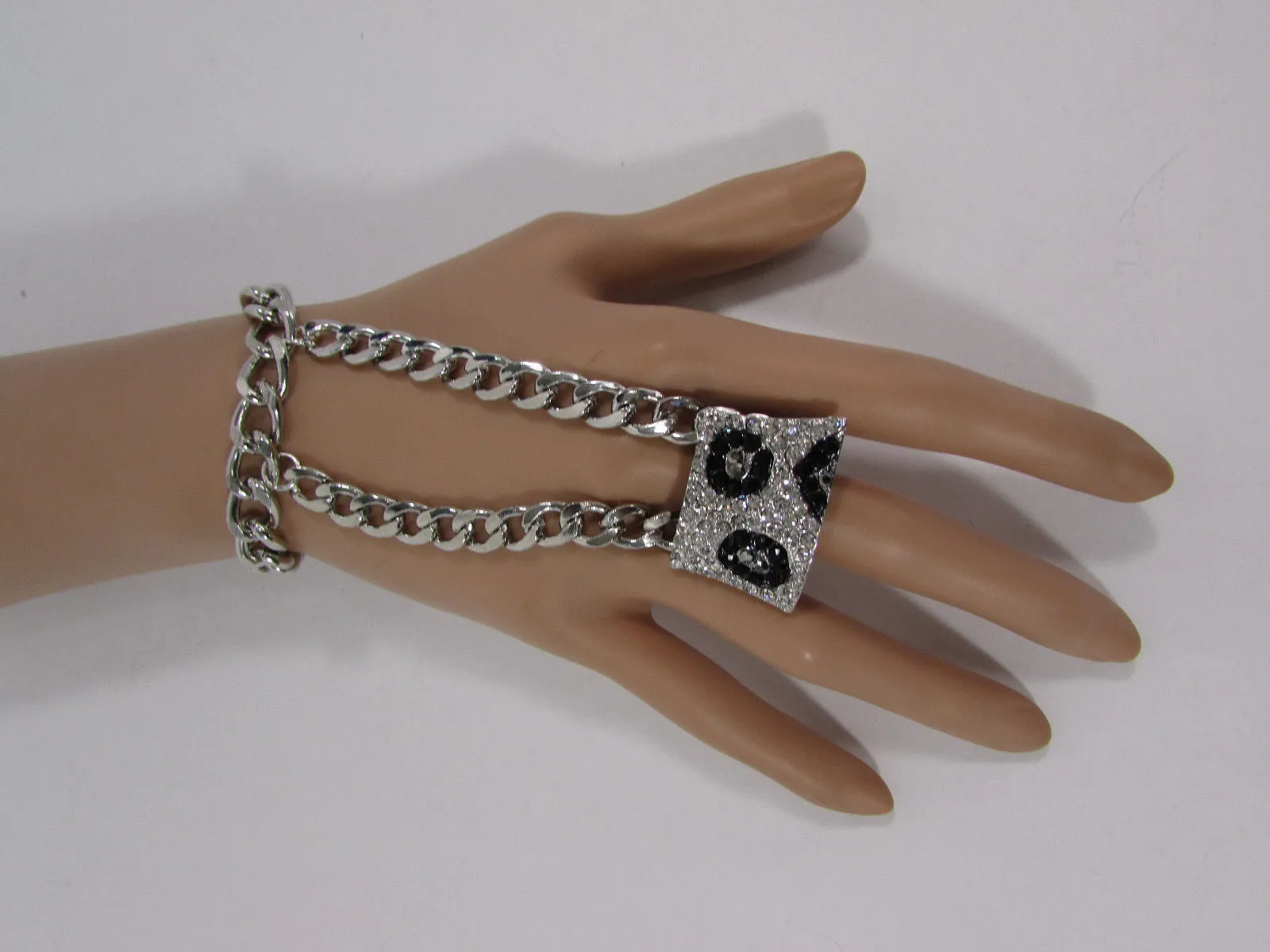 Gold Metal Chains Hand Chain Bracelet Bling Big Leopard Rhinestones