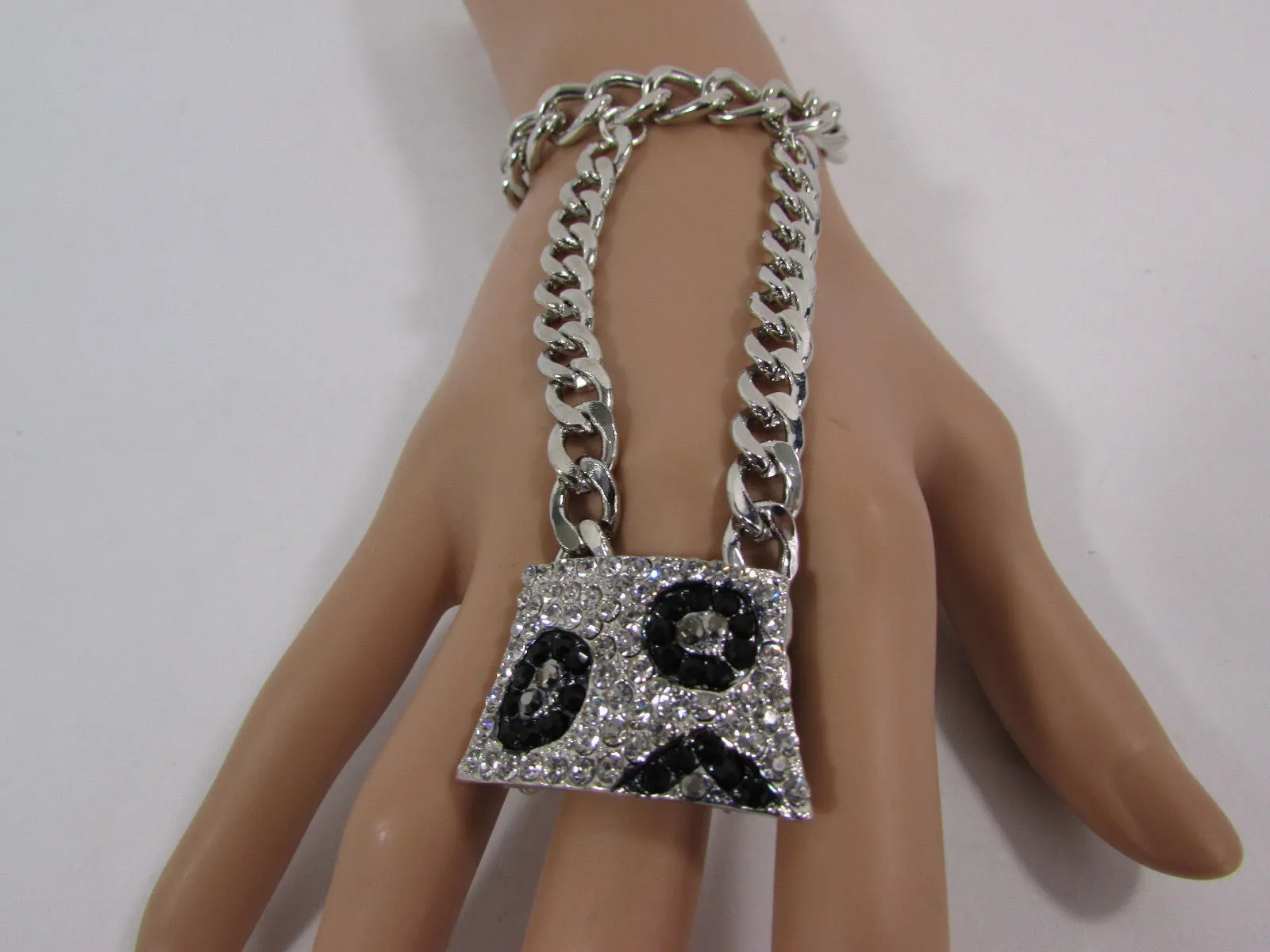 Gold Metal Chains Hand Chain Bracelet Bling Big Leopard Rhinestones