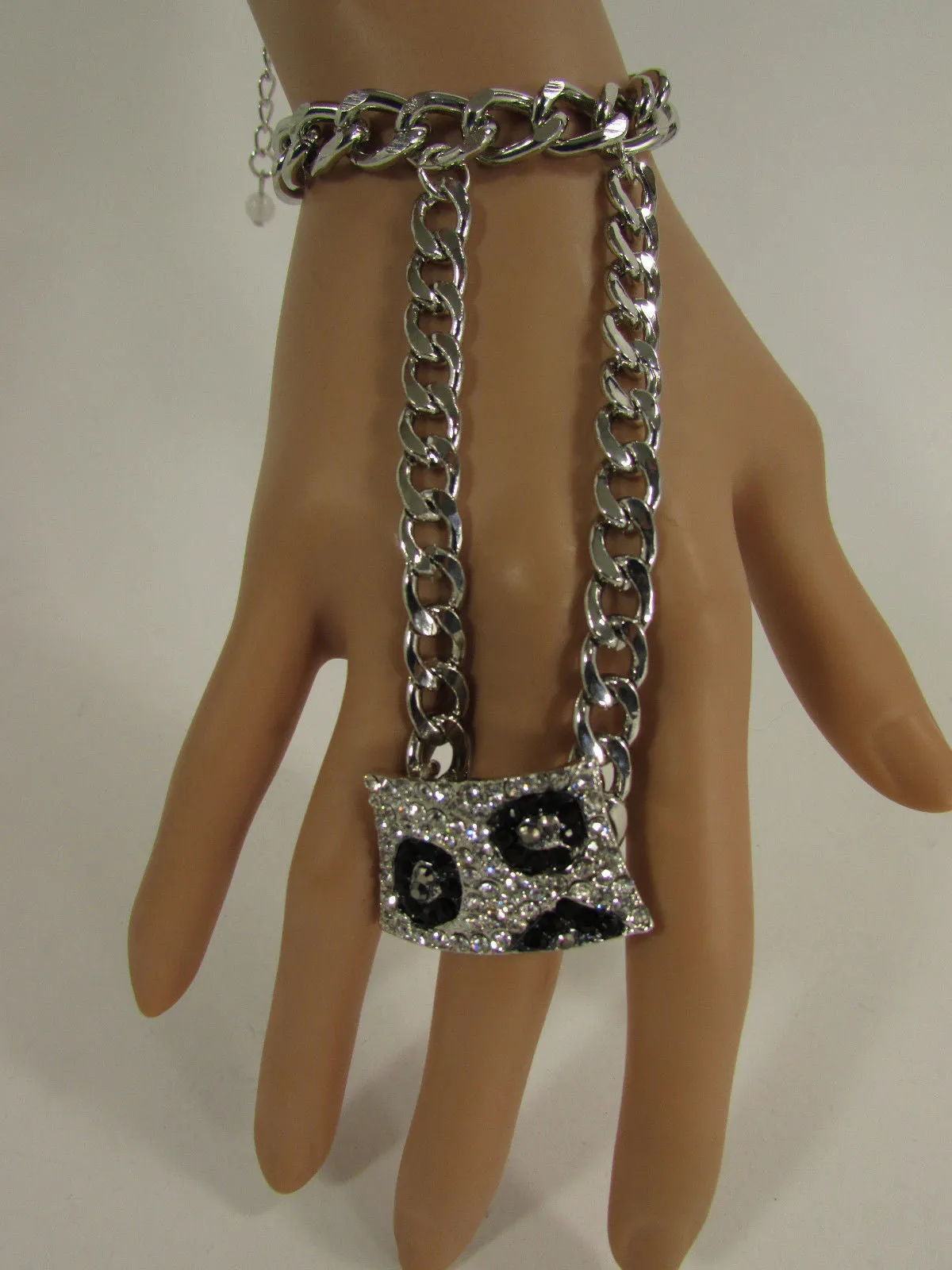 Gold Metal Chains Hand Chain Bracelet Bling Big Leopard Rhinestones