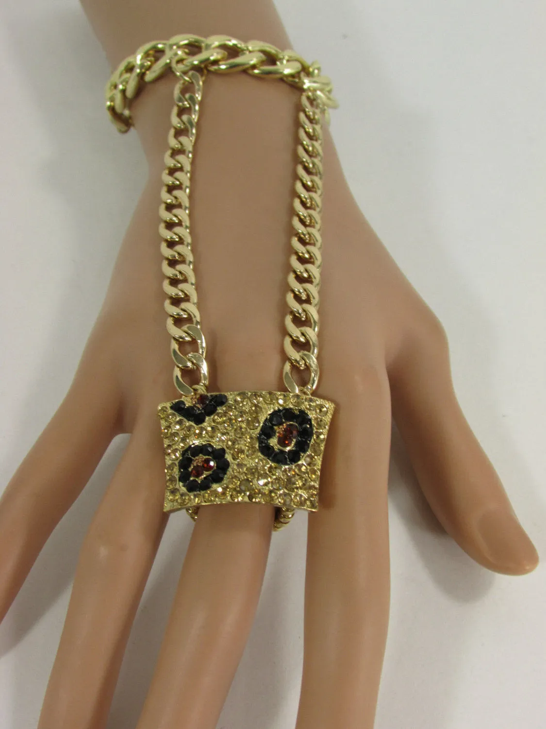 Gold Metal Chains Hand Chain Bracelet Bling Big Leopard Rhinestones