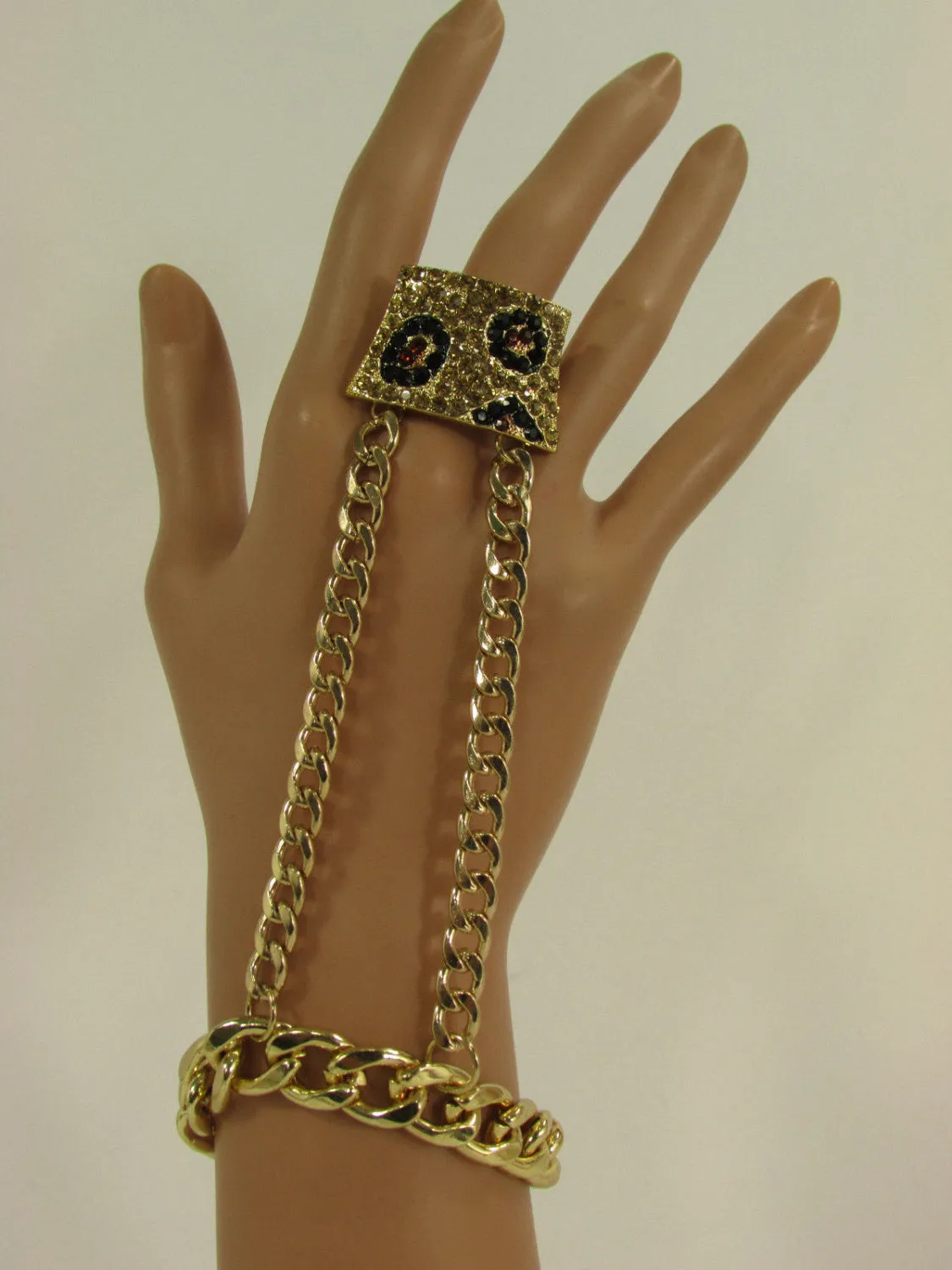 Gold Metal Chains Hand Chain Bracelet Bling Big Leopard Rhinestones