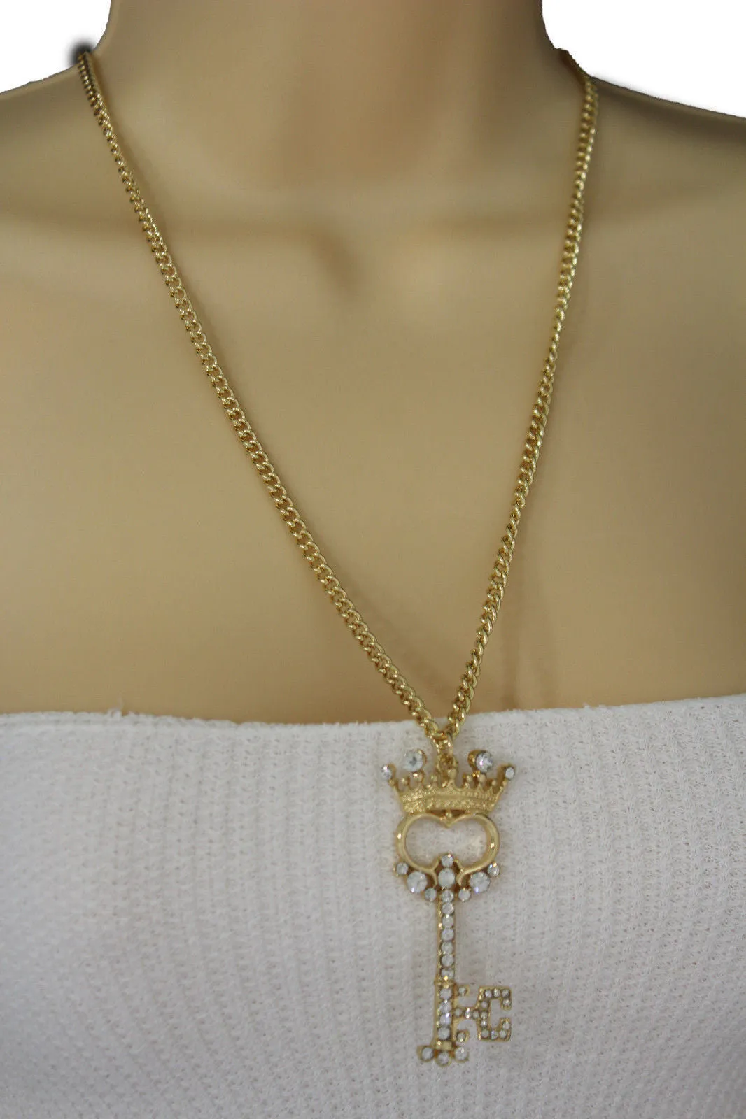 Gold Metal Chains King Crown Queen Key Charm Long Necklace