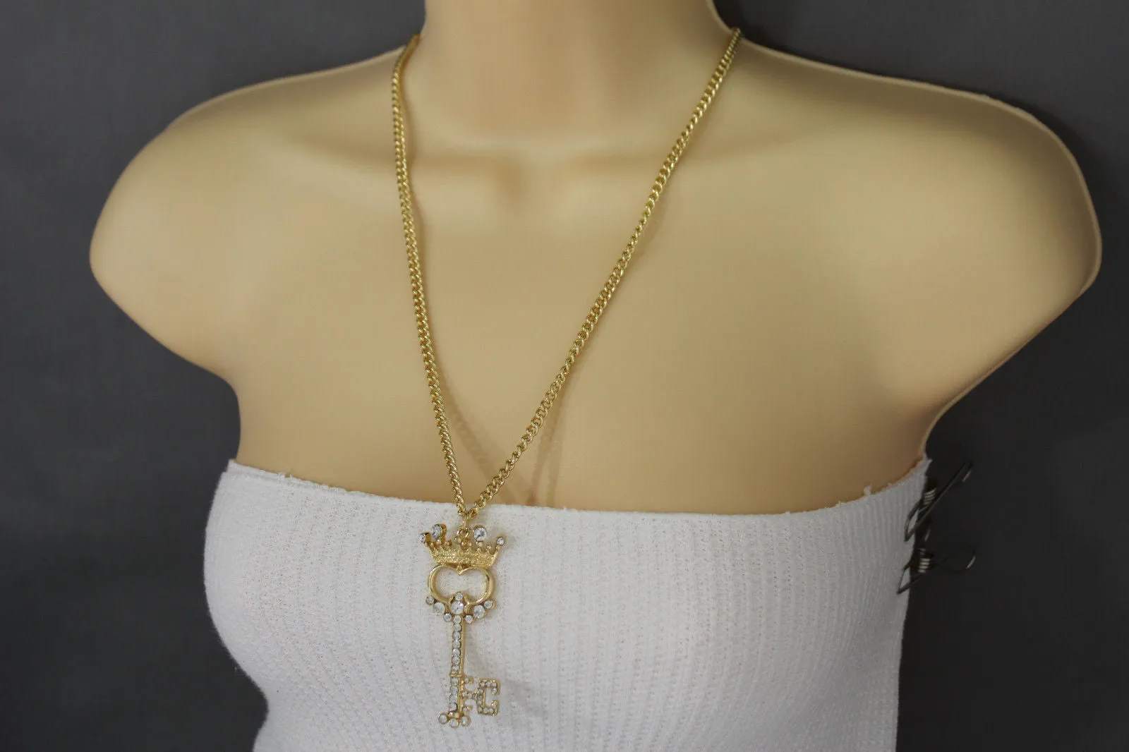 Gold Metal Chains King Crown Queen Key Charm Long Necklace