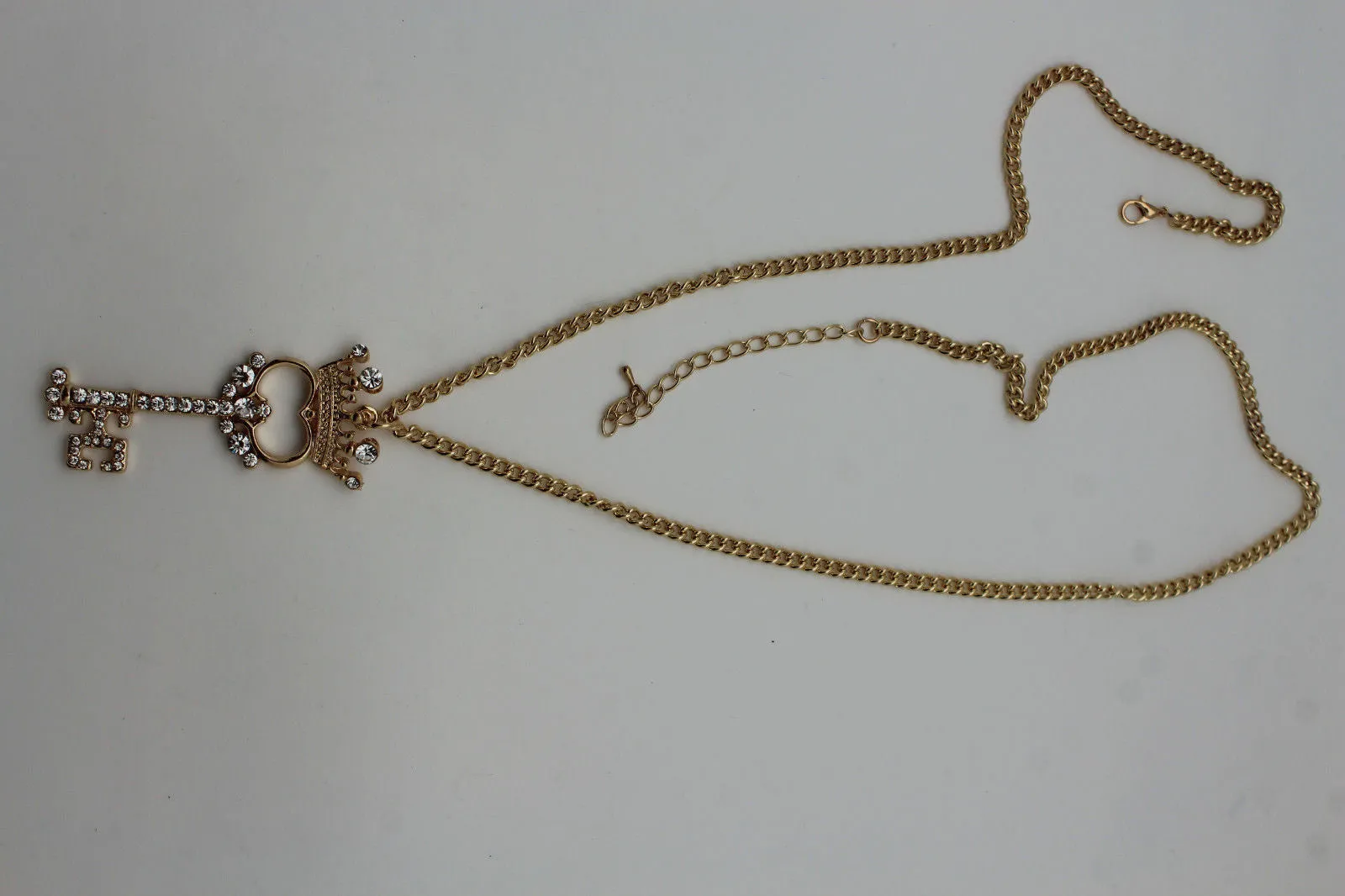 Gold Metal Chains King Crown Queen Key Charm Long Necklace