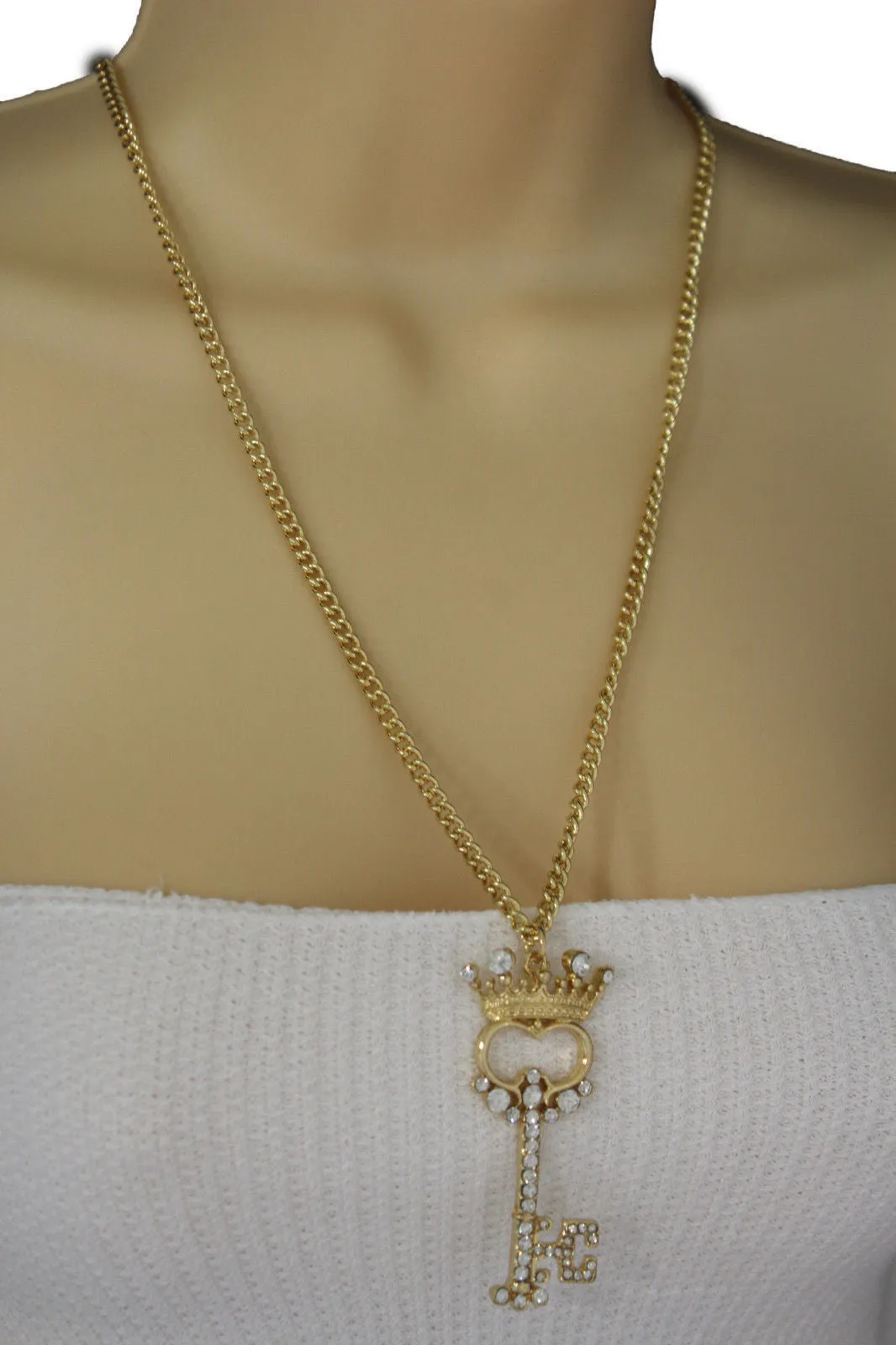 Gold Metal Chains King Crown Queen Key Charm Long Necklace