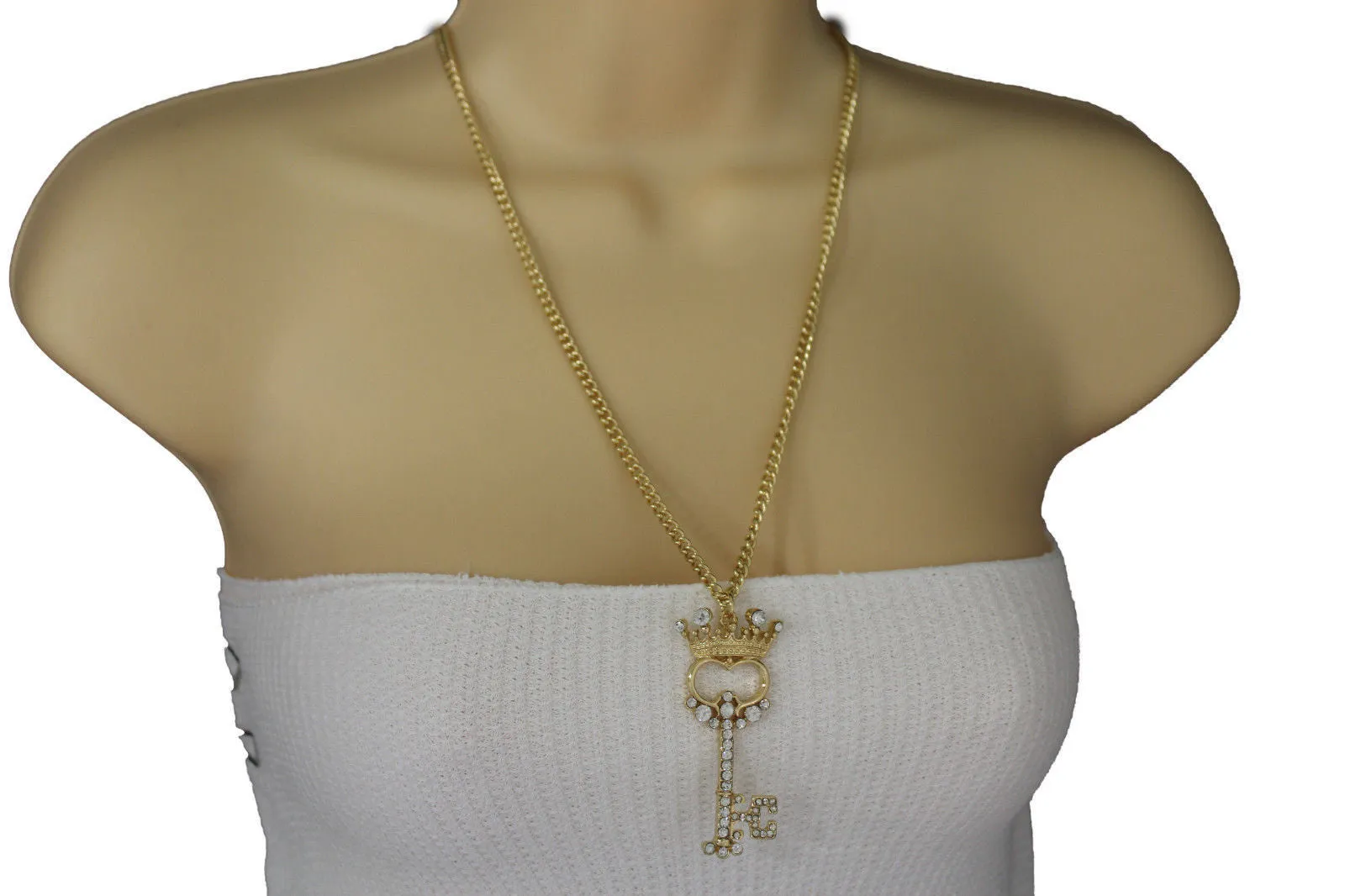 Gold Metal Chains King Crown Queen Key Charm Long Necklace