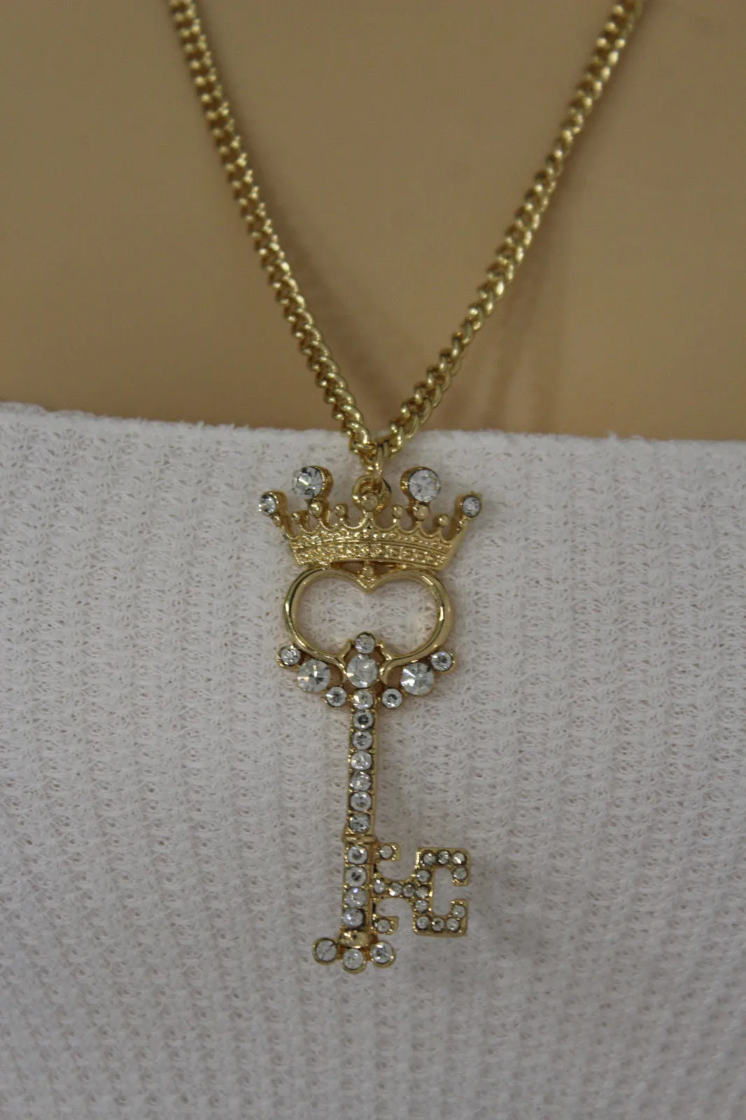 Gold Metal Chains King Crown Queen Key Charm Long Necklace