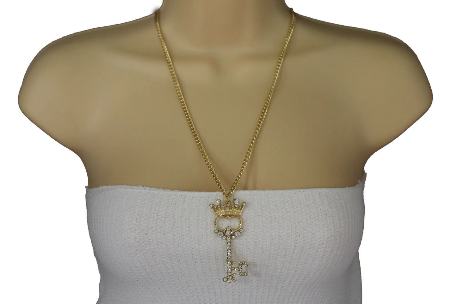 Gold Metal Chains King Crown Queen Key Charm Long Necklace