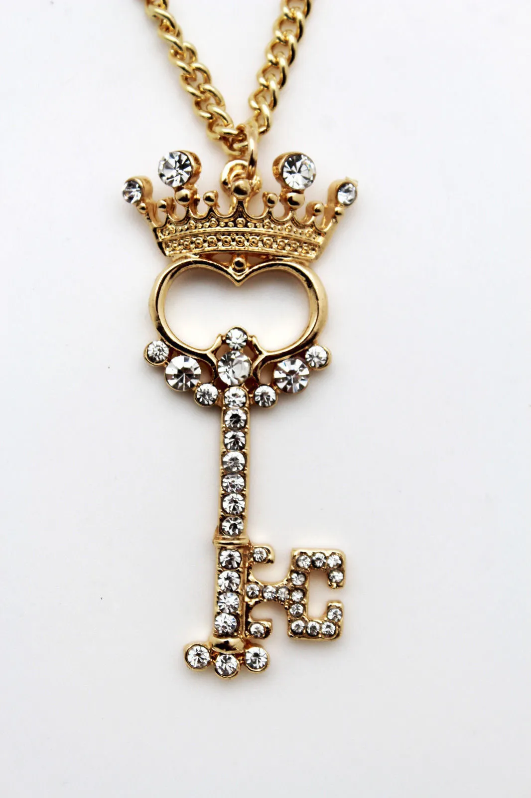 Gold Metal Chains King Crown Queen Key Charm Long Necklace