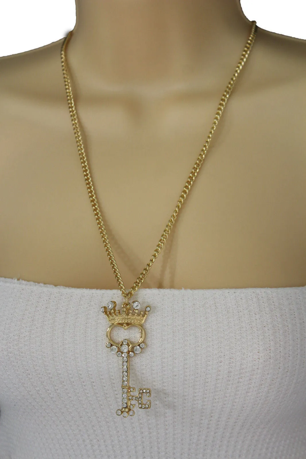 Gold Metal Chains King Crown Queen Key Charm Long Necklace