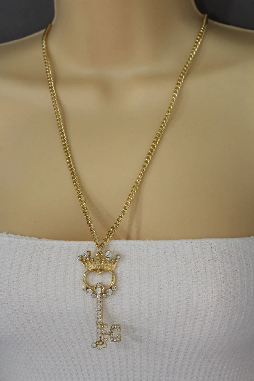 Gold Metal Chains King Crown Queen Key Charm Long Necklace