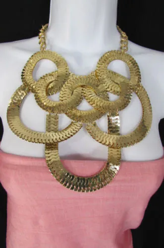 Gold Metal Chains Rings Shape Geometric Pendant Chunky Necklace Earings Set