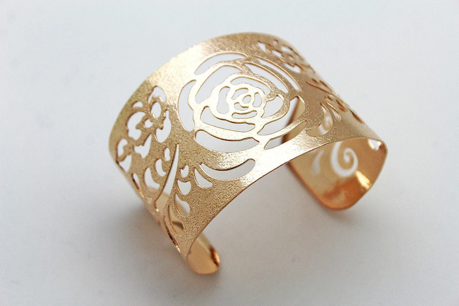 Gold Metal Cuff Cut Outs Adjustable Bracelet Light Flowers