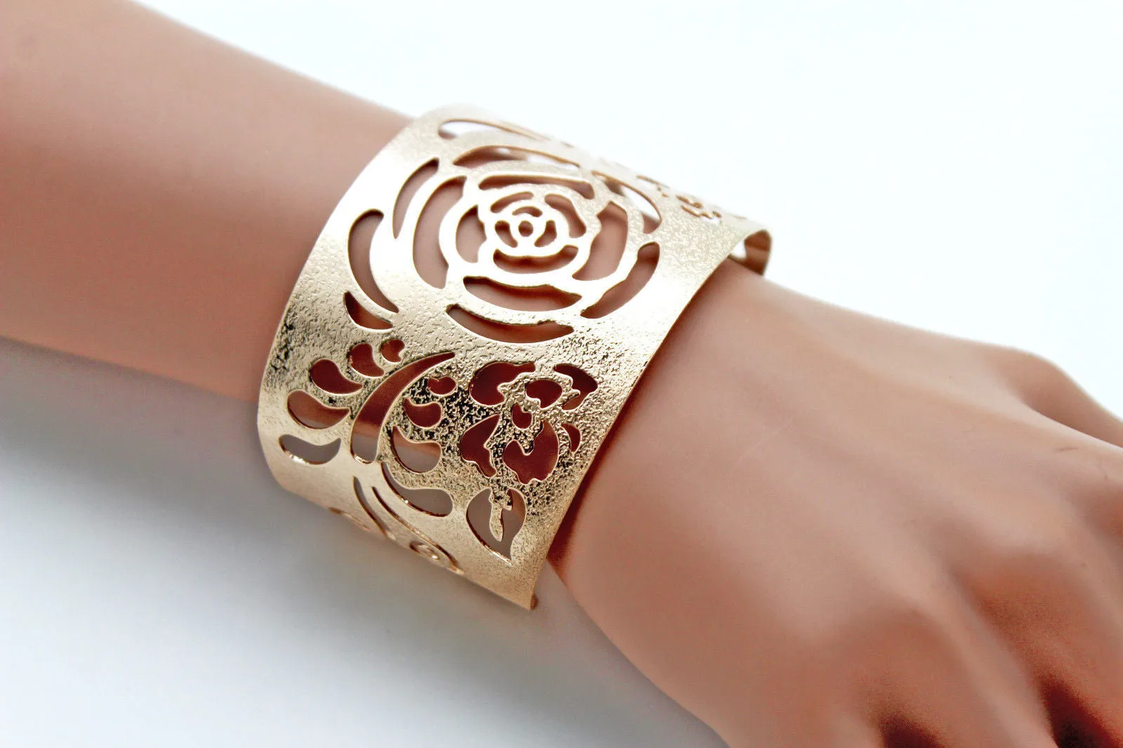 Gold Metal Cuff Cut Outs Adjustable Bracelet Light Flowers