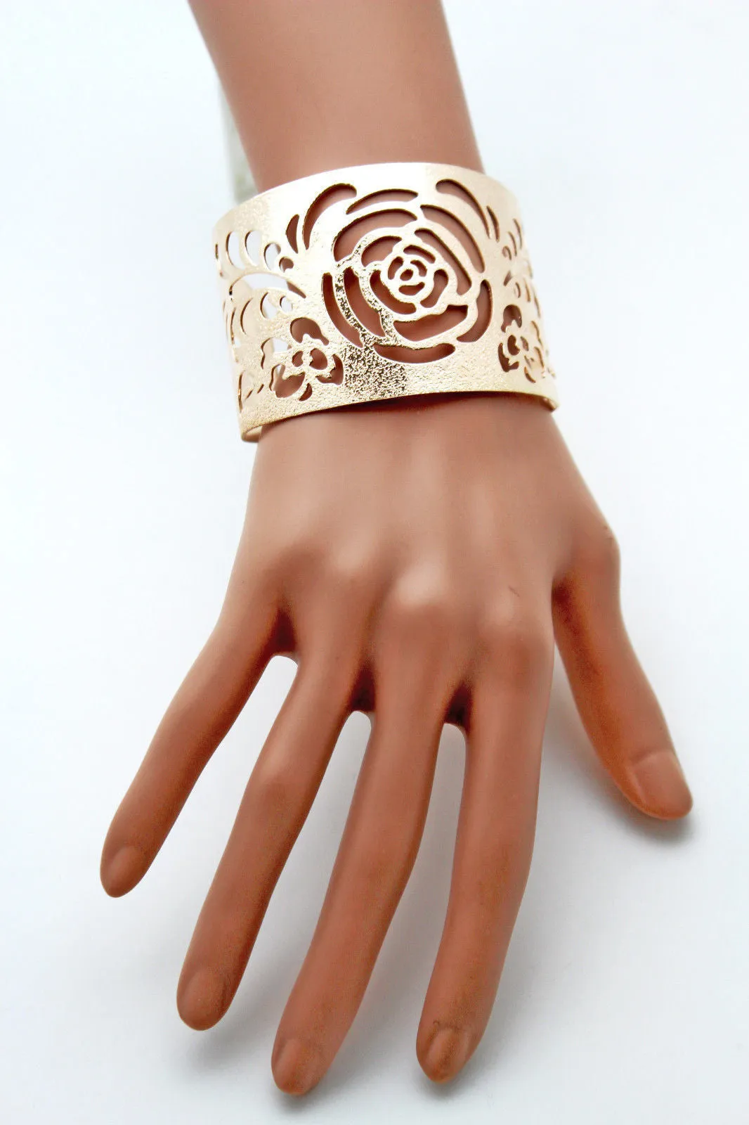 Gold Metal Cuff Cut Outs Adjustable Bracelet Light Flowers