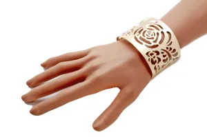 Gold Metal Cuff Cut Outs Adjustable Bracelet Light Flowers