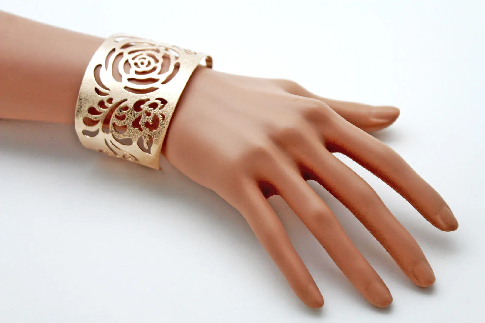 Gold Metal Cuff Cut Outs Adjustable Bracelet Light Flowers