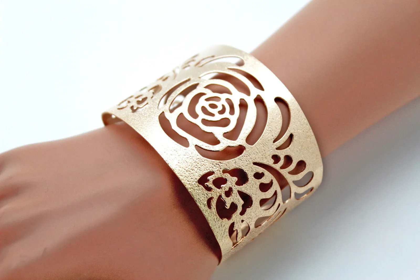 Gold Metal Cuff Cut Outs Adjustable Bracelet Light Flowers