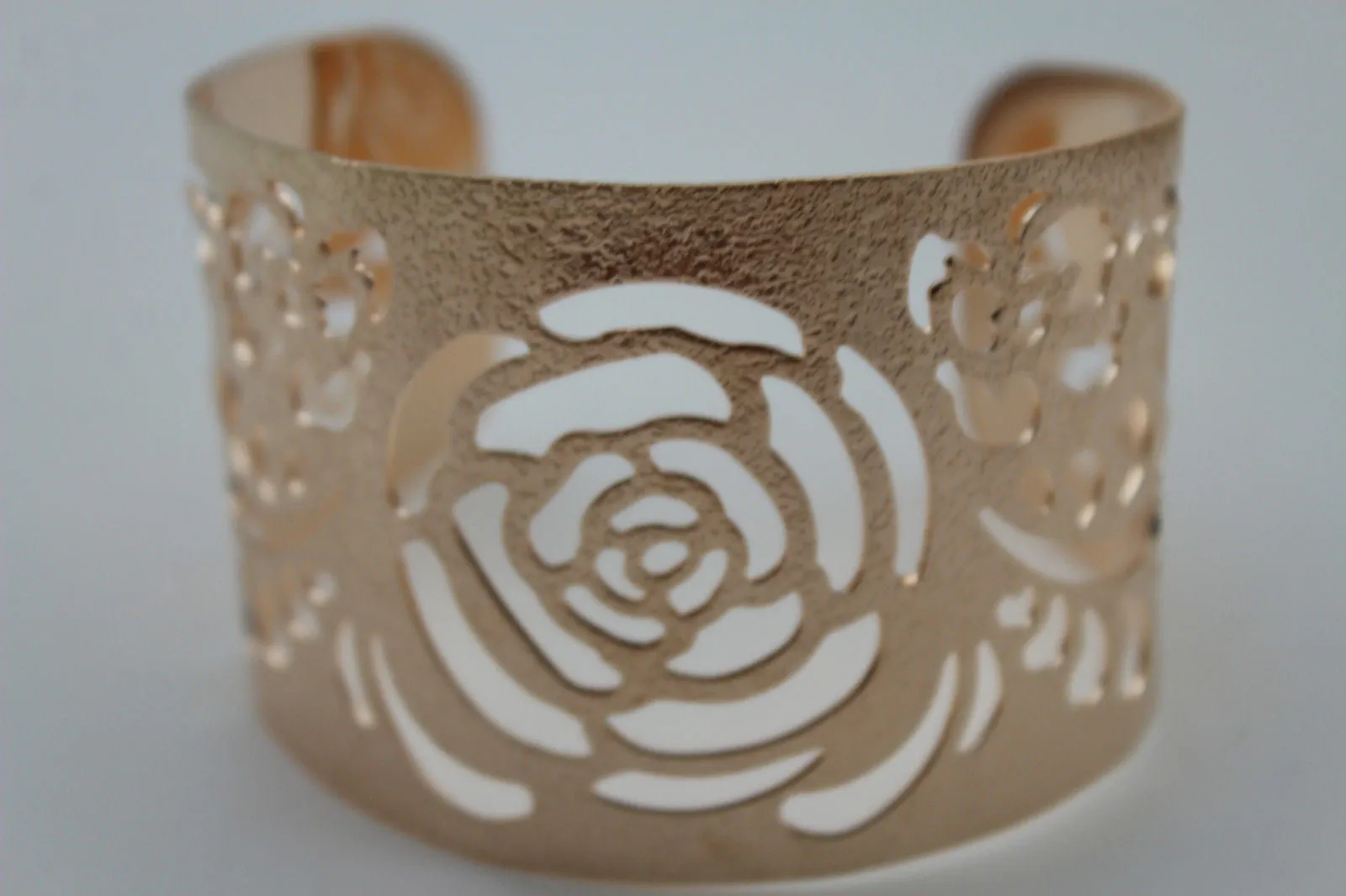 Gold Metal Cuff Cut Outs Adjustable Bracelet Light Flowers