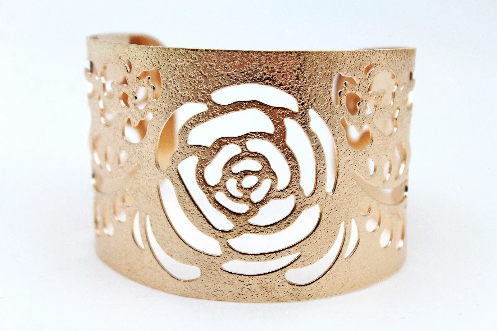 Gold Metal Cuff Cut Outs Adjustable Bracelet Light Flowers