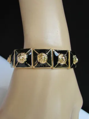 Gold Metal Elastic Bracelet Multi Mini Lion Head Black Squares