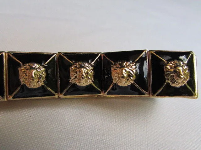 Gold Metal Elastic Bracelet Multi Mini Lion Head Black Squares