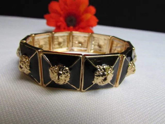 Gold Metal Elastic Bracelet Multi Mini Lion Head Black Squares