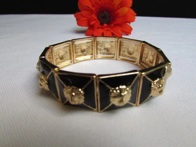 Gold Metal Elastic Bracelet Multi Mini Lion Head Black Squares