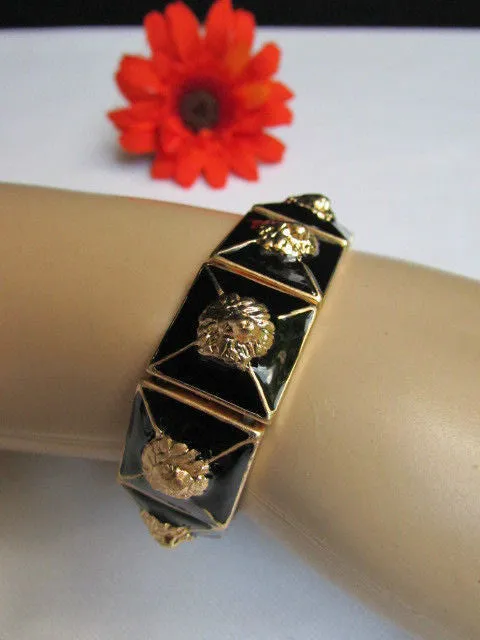 Gold Metal Elastic Bracelet Multi Mini Lion Head Black Squares