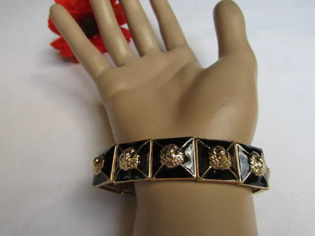 Gold Metal Elastic Bracelet Multi Mini Lion Head Black Squares