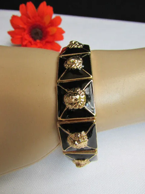 Gold Metal Elastic Bracelet Multi Mini Lion Head Black Squares