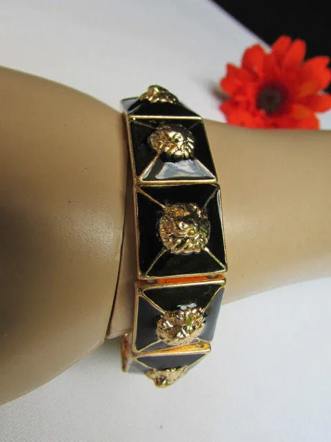 Gold Metal Elastic Bracelet Multi Mini Lion Head Black Squares