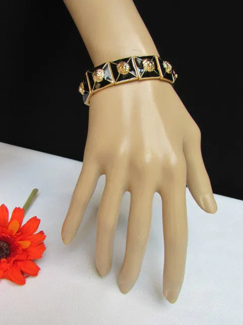 Gold Metal Elastic Bracelet Multi Mini Lion Head Black Squares