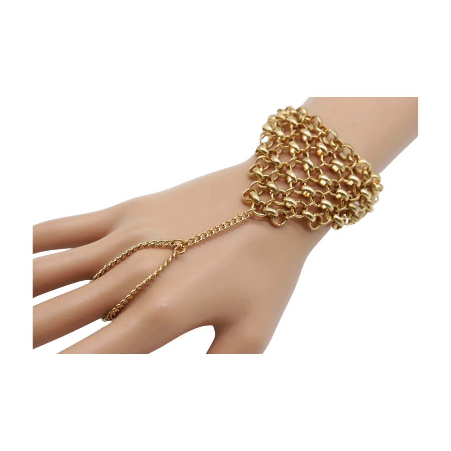 Gold Metal Hand Chain Wrist Bracelet Multi Links Connected Ring