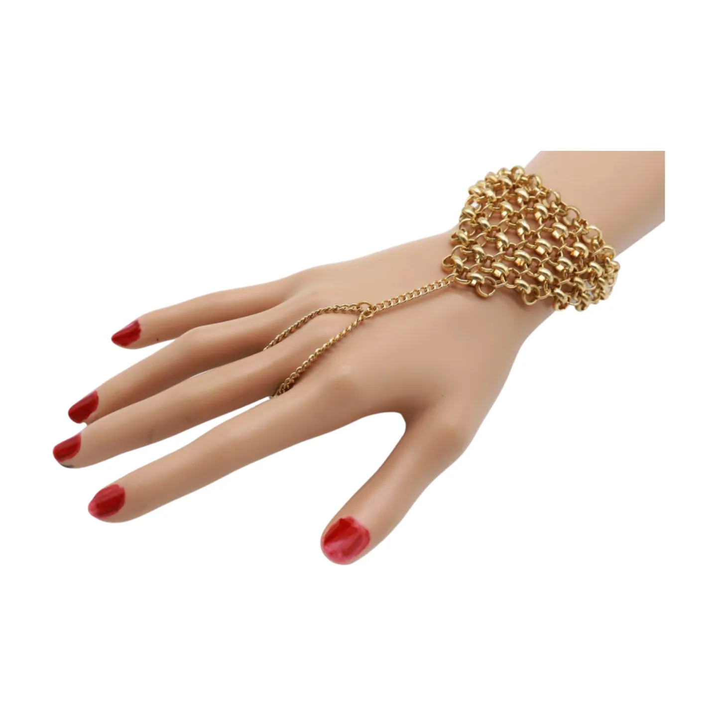 Gold Metal Hand Chain Wrist Bracelet Multi Links Connected Ring