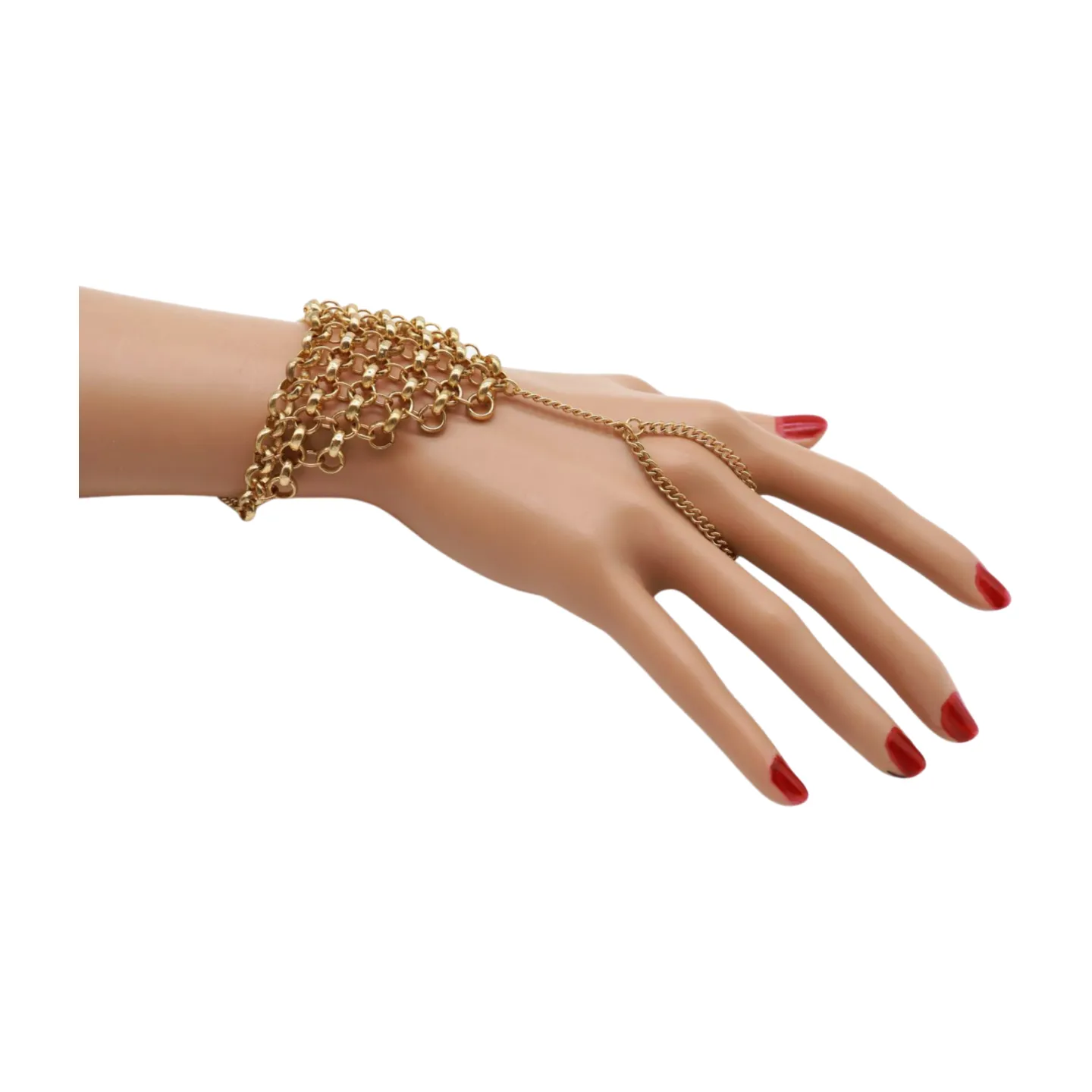 Gold Metal Hand Chain Wrist Bracelet Multi Links Connected Ring