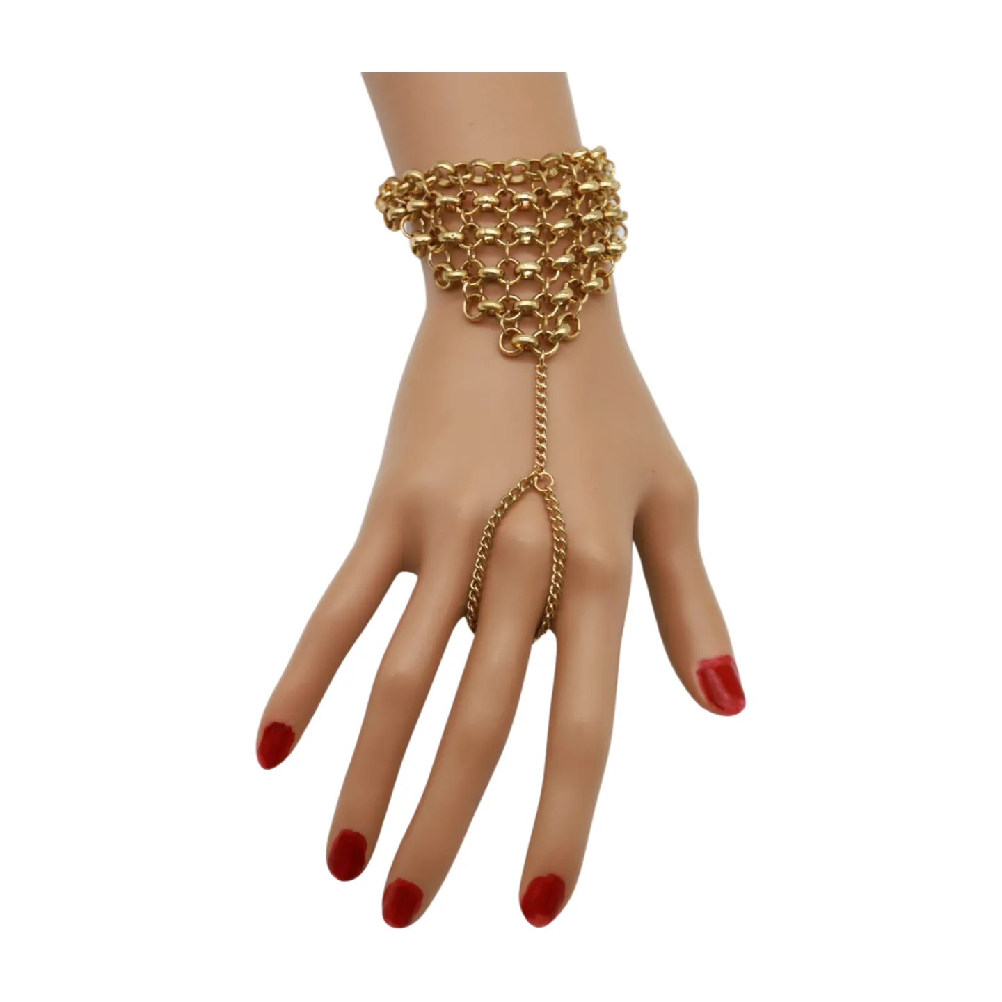 Gold Metal Hand Chain Wrist Bracelet Multi Links Connected Ring