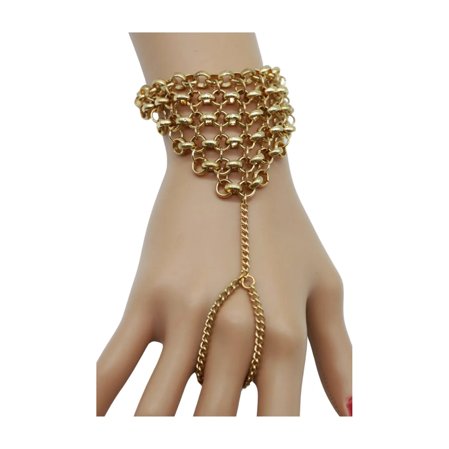 Gold Metal Hand Chain Wrist Bracelet Multi Links Connected Ring