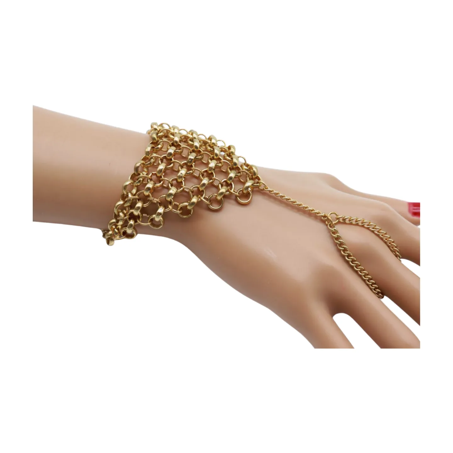 Gold Metal Hand Chain Wrist Bracelet Multi Links Connected Ring