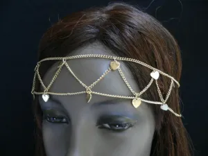 Gold Metal Head Band Chain Multi Hearts Jewelry Hair Casual