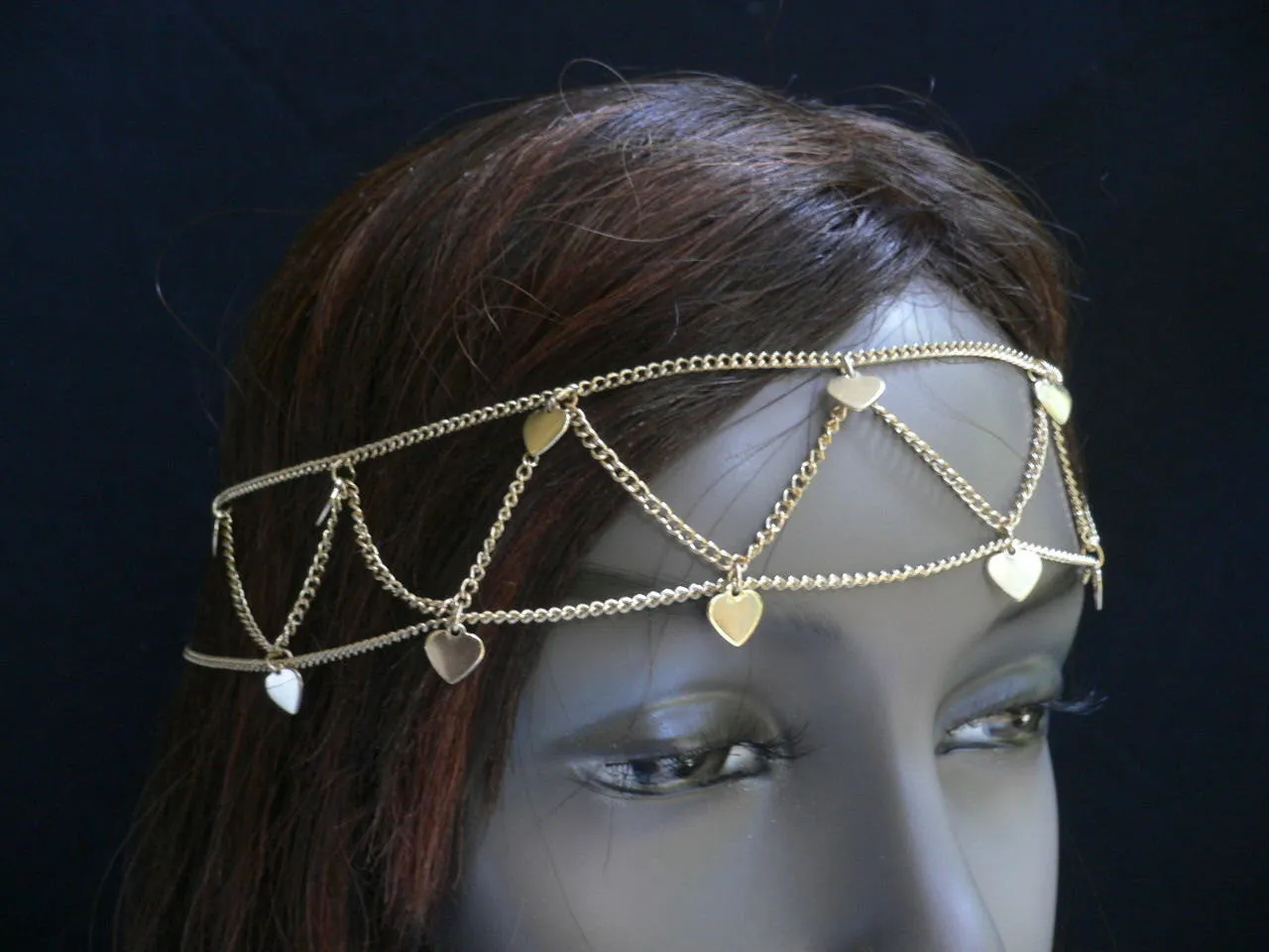 Gold Metal Head Band Chain Multi Hearts Jewelry Hair Casual