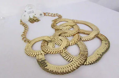 Gold Metal Thin Links Multi Strands Necklace Earrings Set