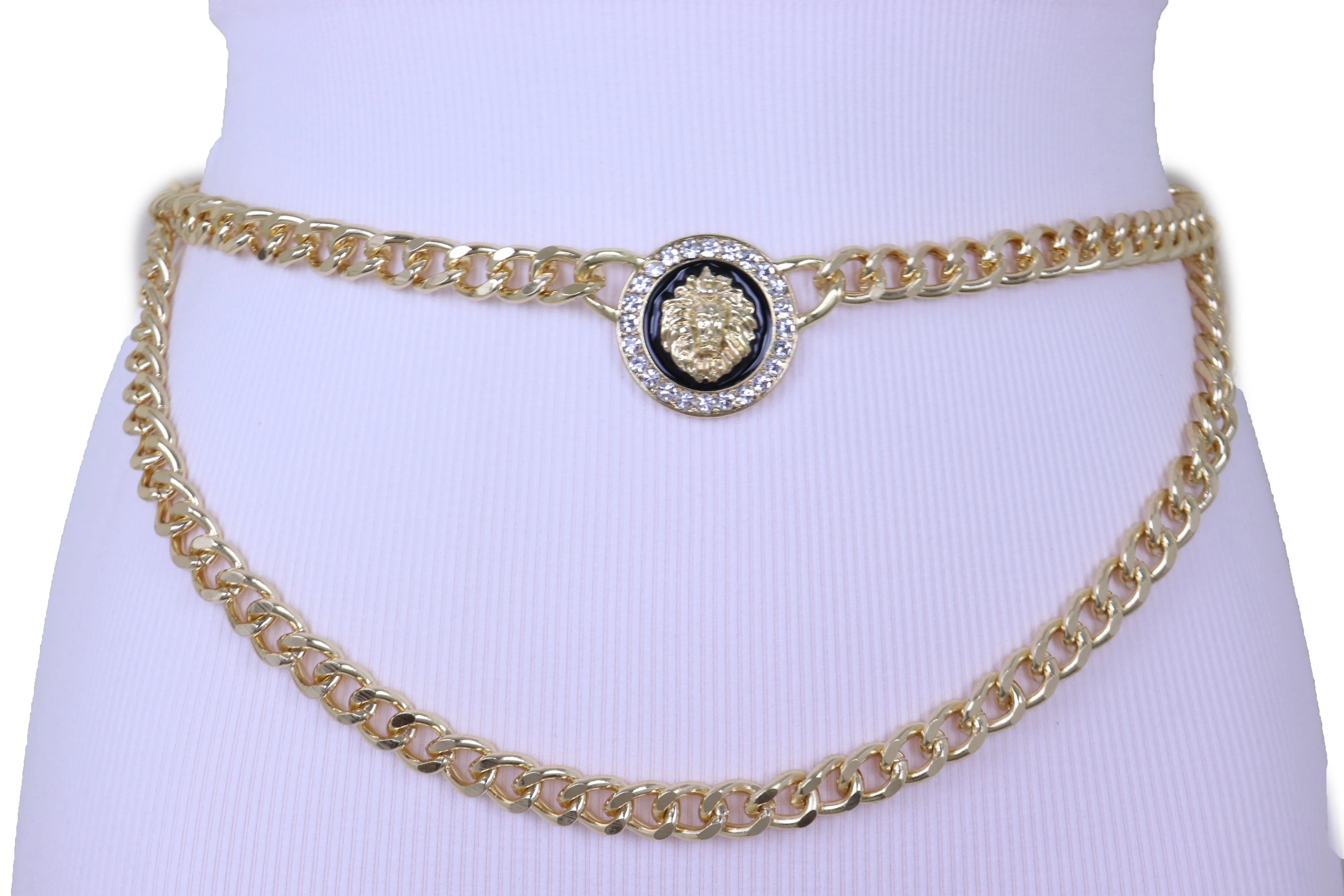 Gold Metal Wave Chain Belt with Rhinestone Lion Medallion