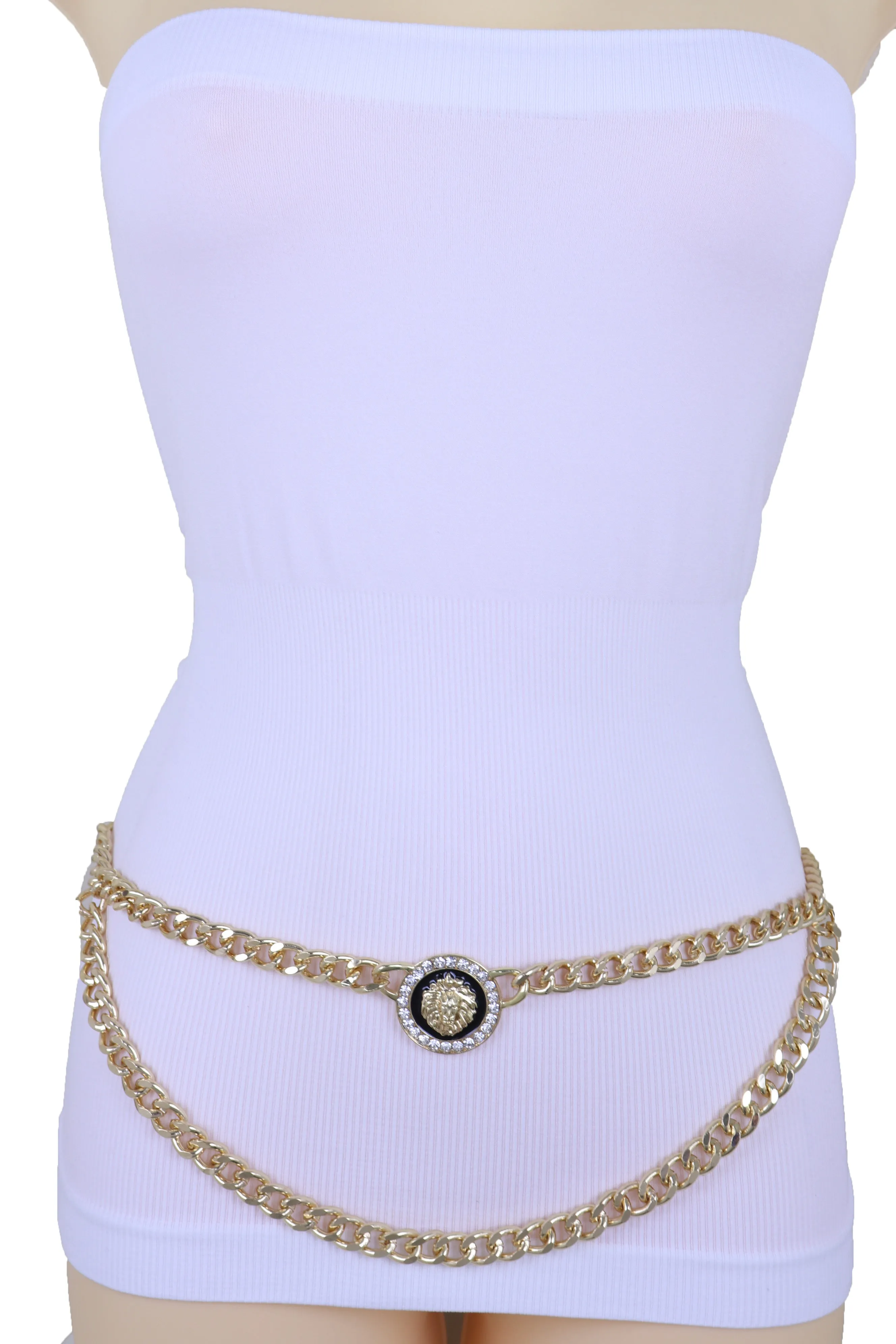 Gold Metal Wave Chain Belt with Rhinestone Lion Medallion