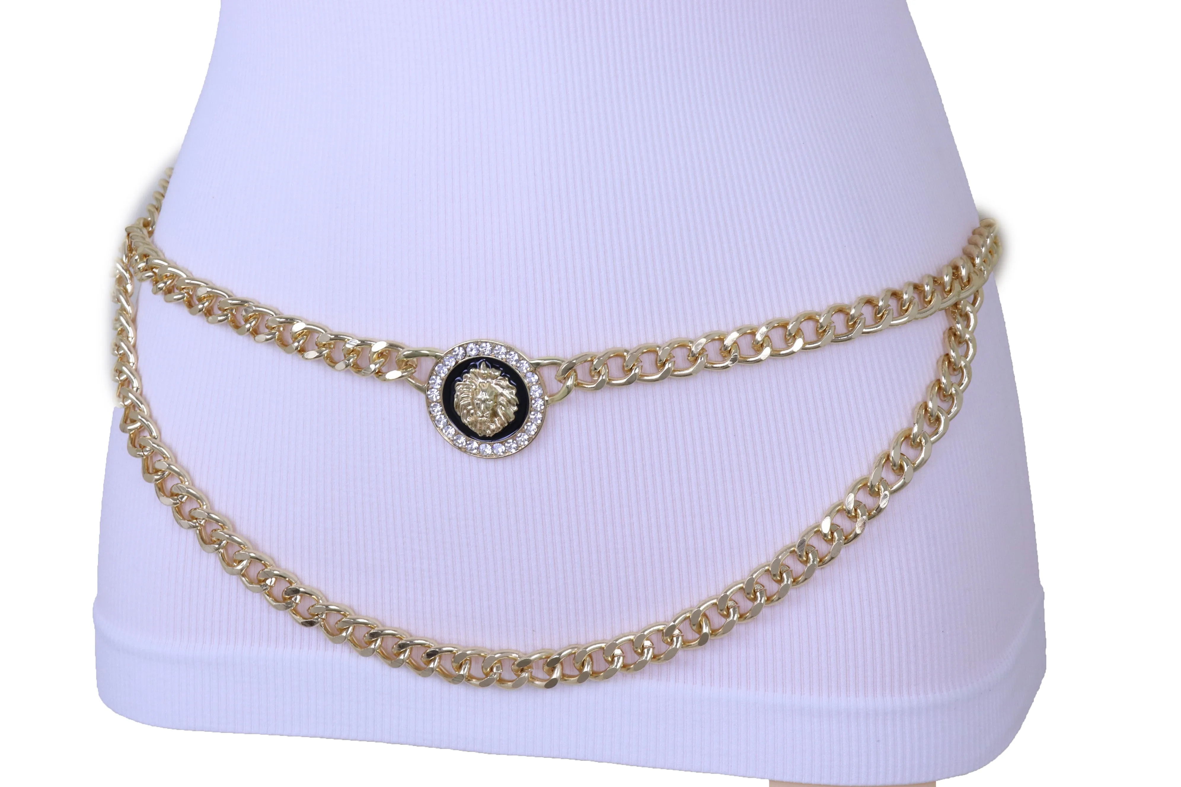 Gold Metal Wave Chain Belt with Rhinestone Lion Medallion