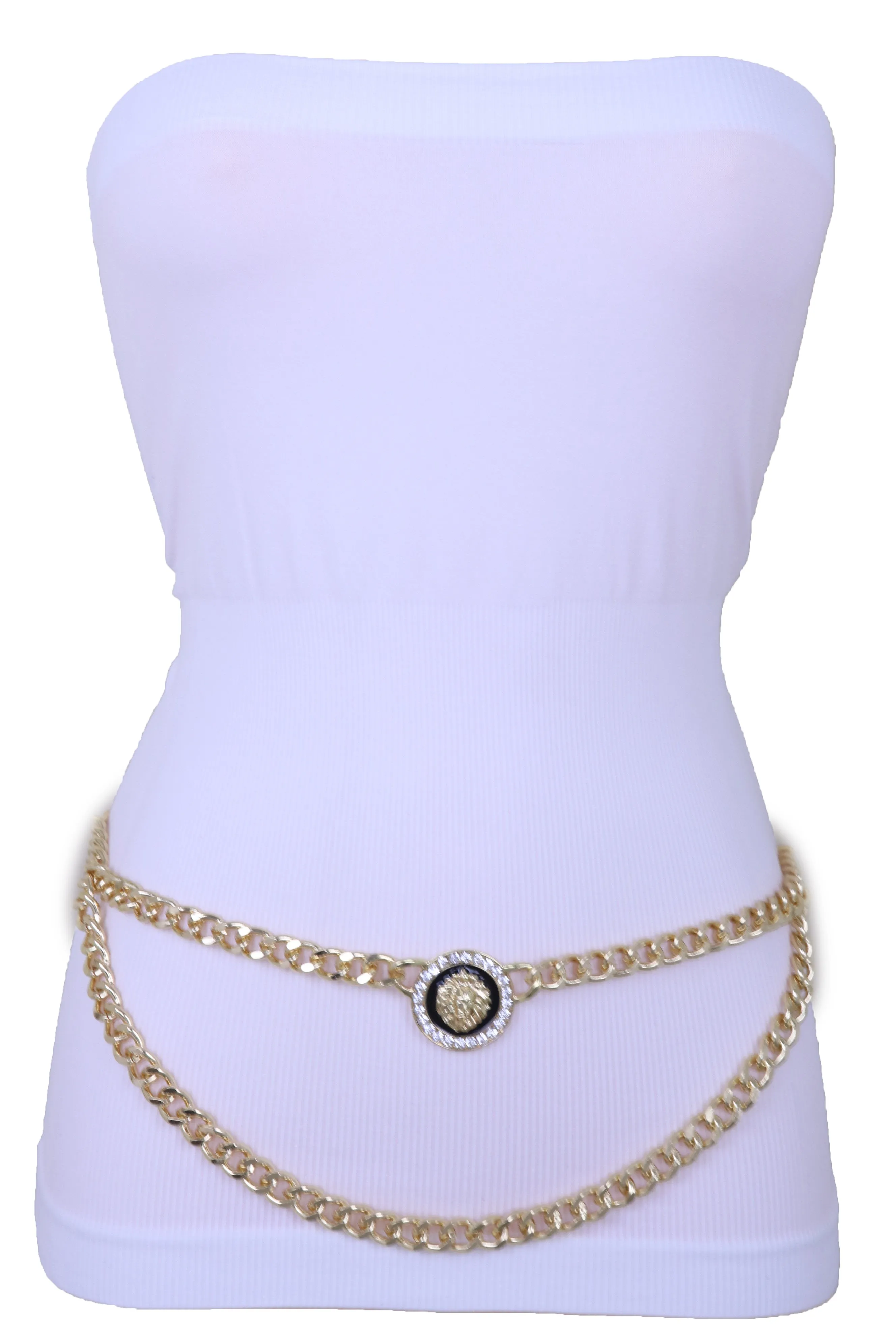 Gold Metal Wave Chain Belt with Rhinestone Lion Medallion