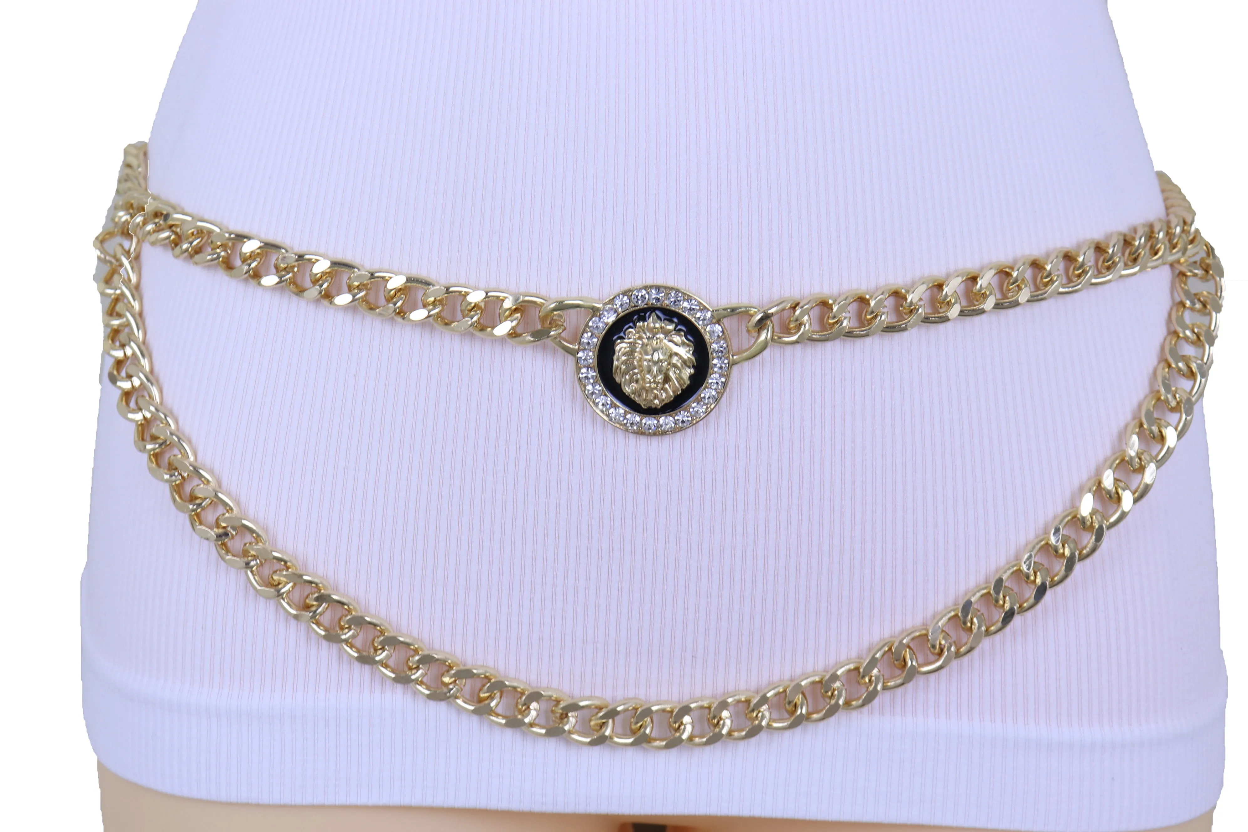 Gold Metal Wave Chain Belt with Rhinestone Lion Medallion