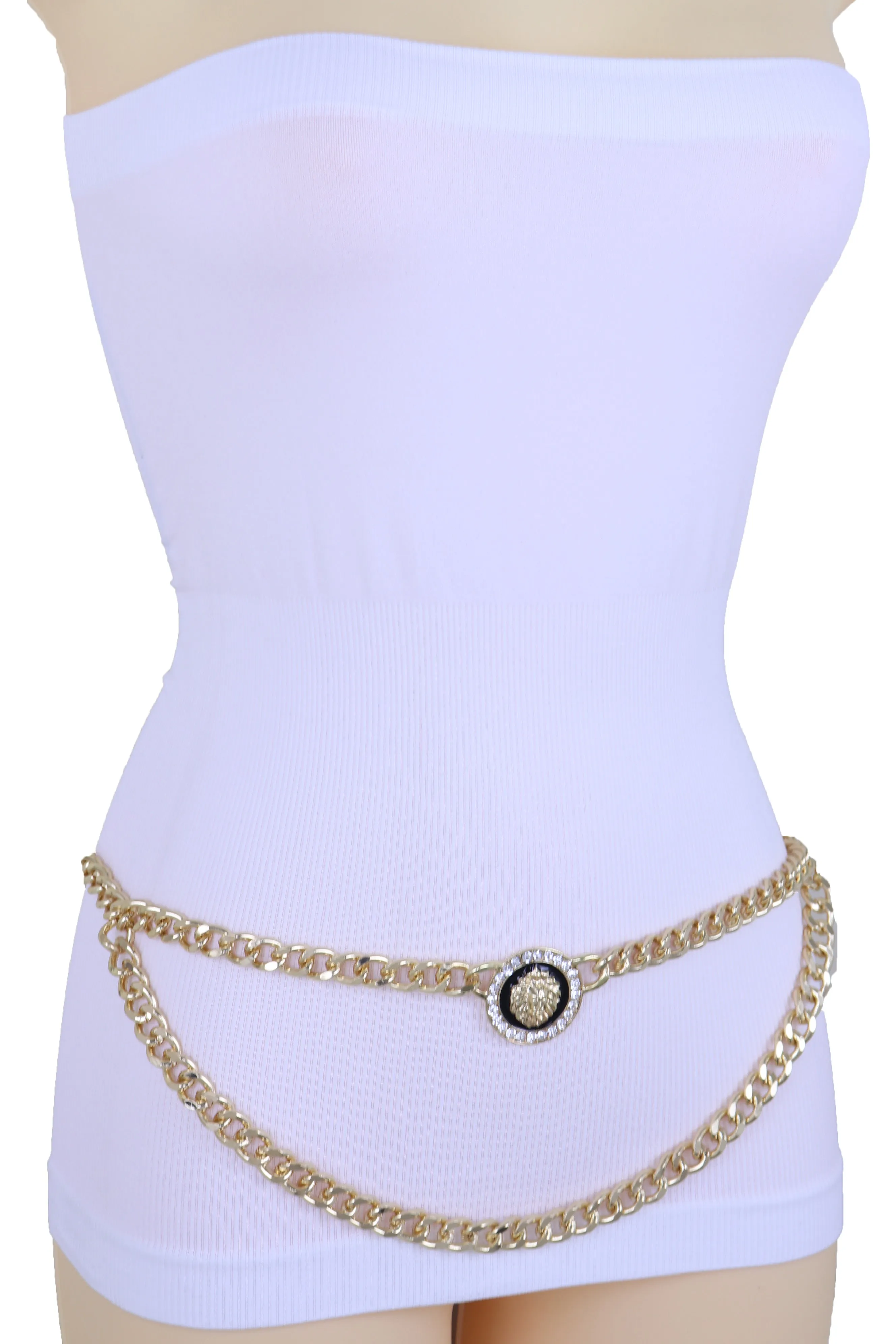 Gold Metal Wave Chain Belt with Rhinestone Lion Medallion